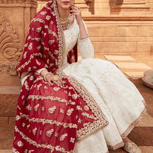 White Anarkali with embroidered duppata